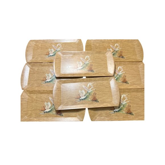 Vintage 50s Set of 8 Coronet Haskelite Wooden Lap Buffet Trays Geese Swans - Picture 1 of 7